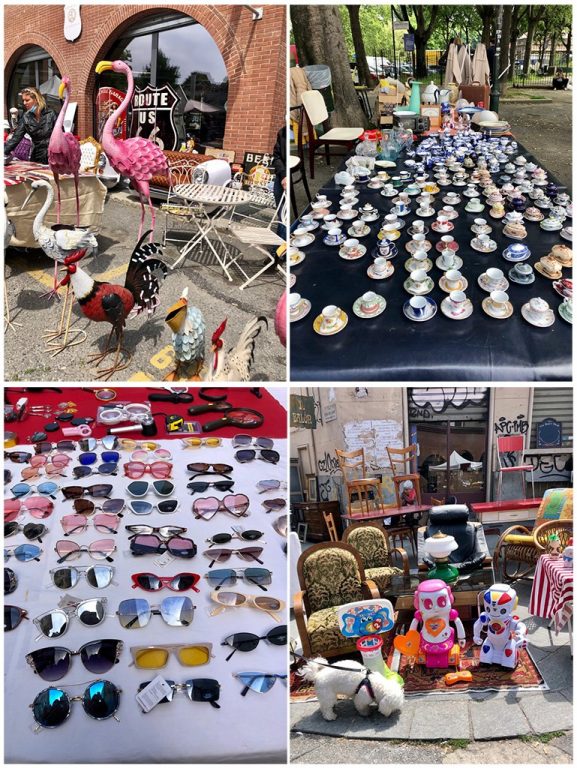 4 photos to make up one photo with top left featuring metal birds for your garden, top right featuring a table with teacups and other antiques, bottom left featuring a table with sunglasses for sale and bottom right featuring furniture and kids toys outside a storefront for sale.