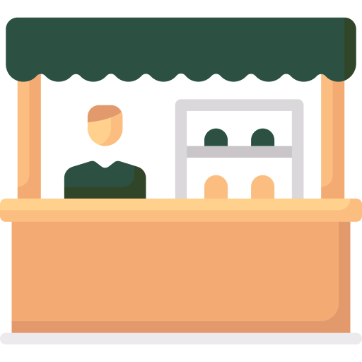 green and beige icon for a person at a vendor stall